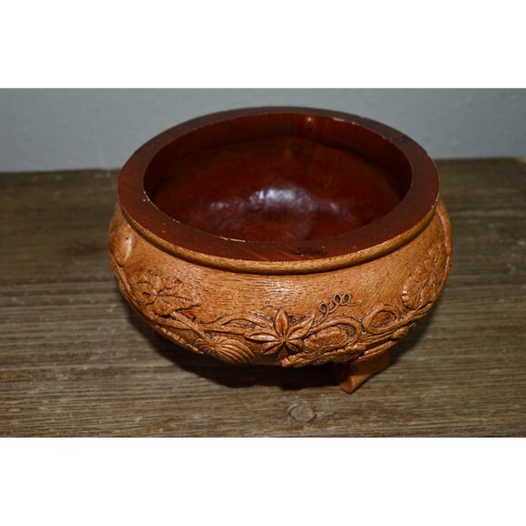 Vintage Faux Wood Carved Mold Resin Footed Floral Leaf Design Bowl Dish Display - Picture 7 of 11